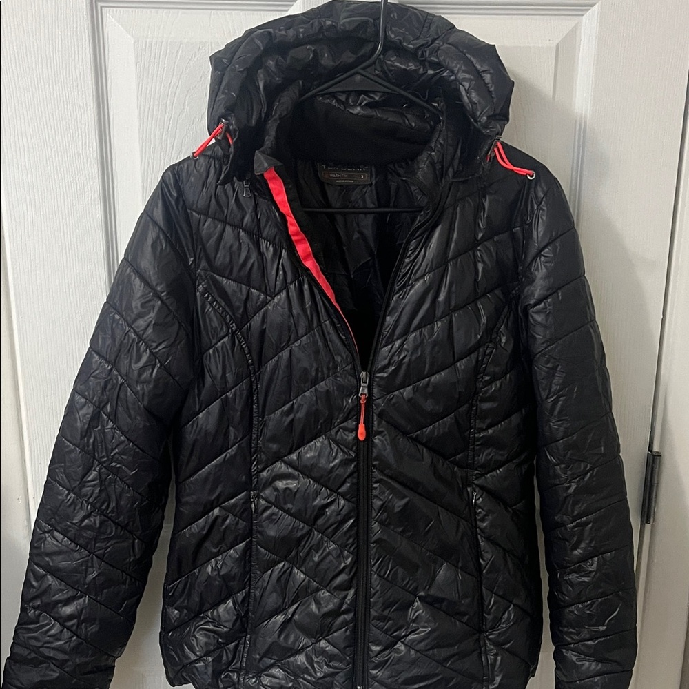 Black Quilted Hooded Puffer Jacket with Pink Trim